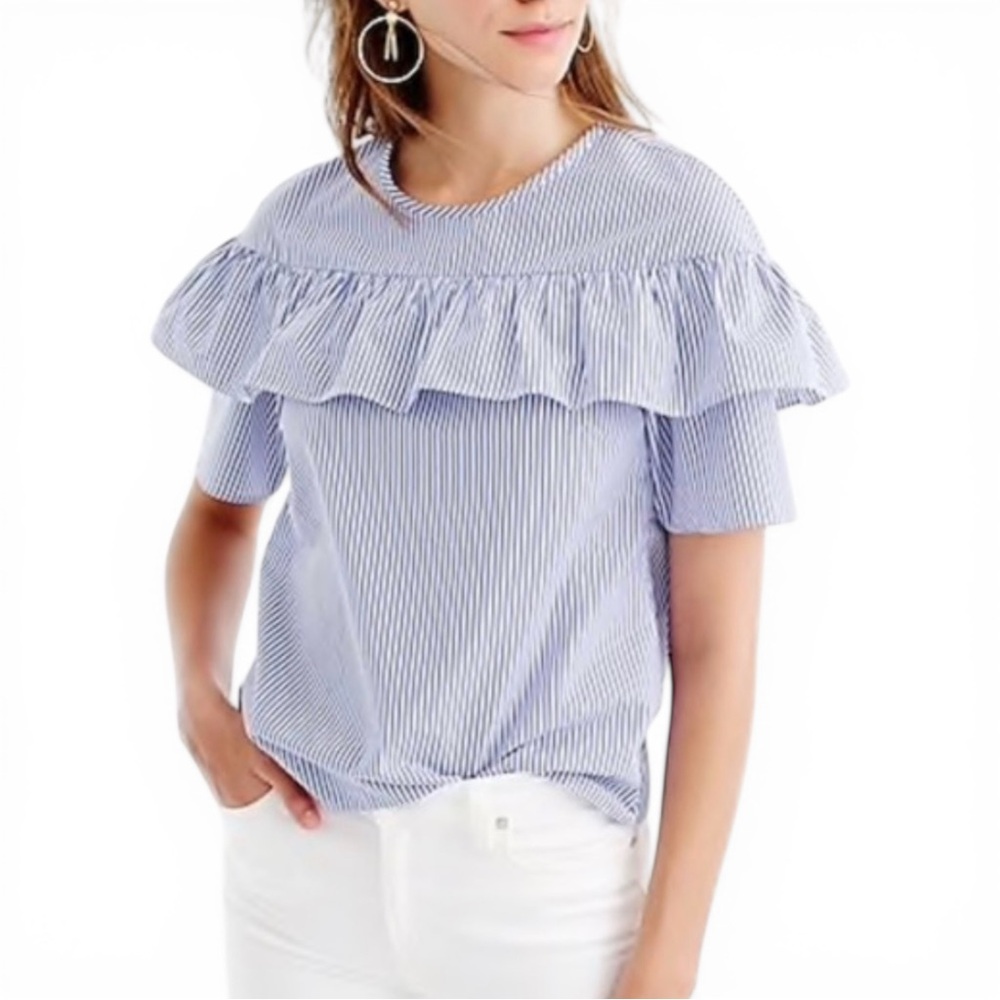 EUC J.Crew Edie Top Blue White Stripe Ruffle Yoke Blouse Cotton Size 4